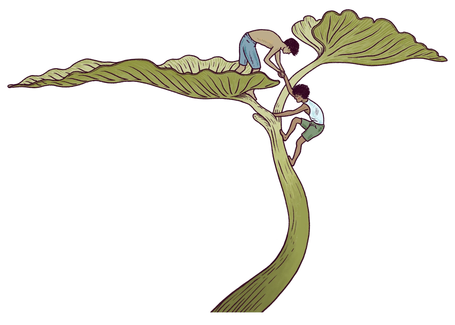 Ilustración del festival: dos personas se ayudan a subir por una planta